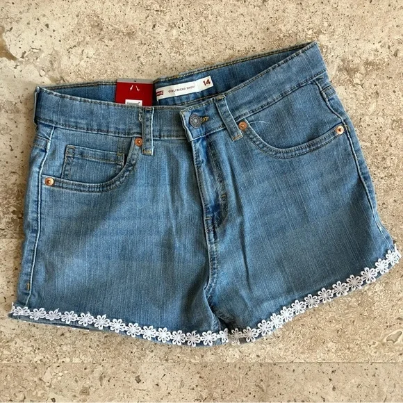 NWT Levi's Youth Girl’s Denim Jean Shorts Daisy Lace Detail Adjustable Waist Mid - Picture 4 of 8